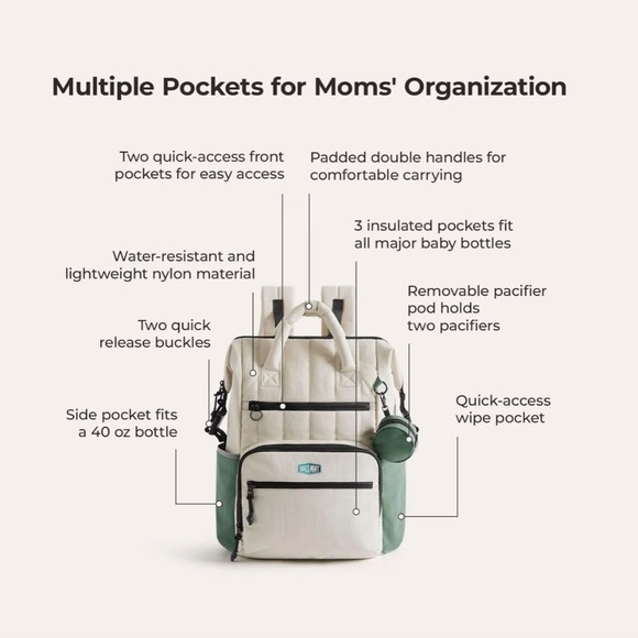 BAGSMART Paz 25L Diaper Bag Backpack, CELADON Green & Ivory White - Picture 5 of 14